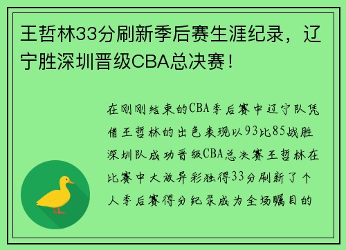 王哲林33分刷新季后赛生涯纪录，辽宁胜深圳晋级CBA总决赛！