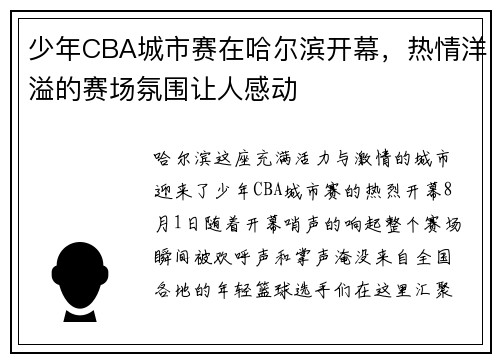 少年CBA城市赛在哈尔滨开幕，热情洋溢的赛场氛围让人感动