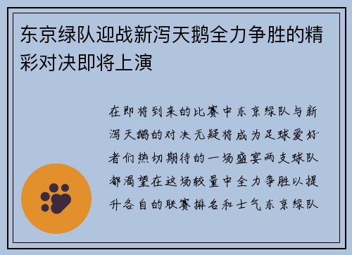 东京绿队迎战新泻天鹅全力争胜的精彩对决即将上演